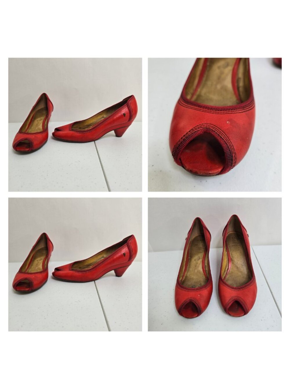 Frye Red Ada Pump Peep Toe 7.5 Low Heel Pumps Heels Bright Y2K Leather - Picture 3 of 9